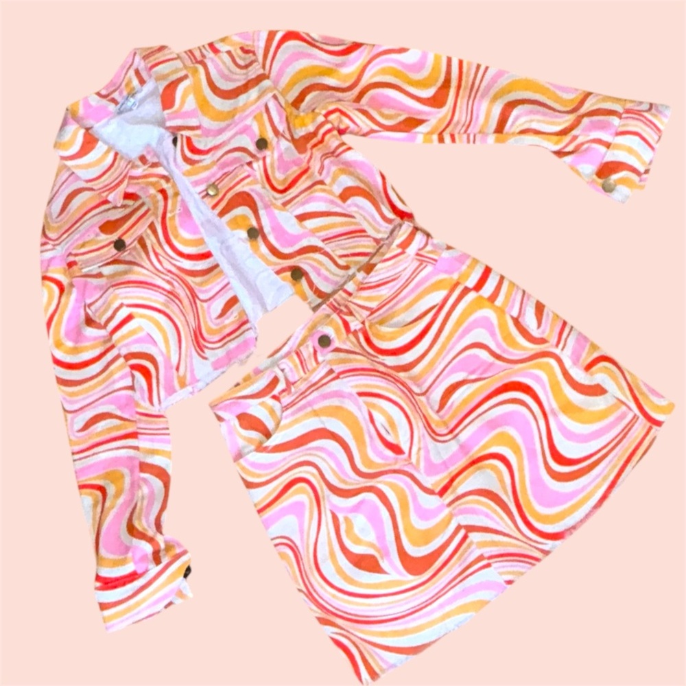 PRETTY CHEAP THE BRAND SKIRT AND JACKET SET ORANGE PSYCHEDELIC 70s INSPIRED